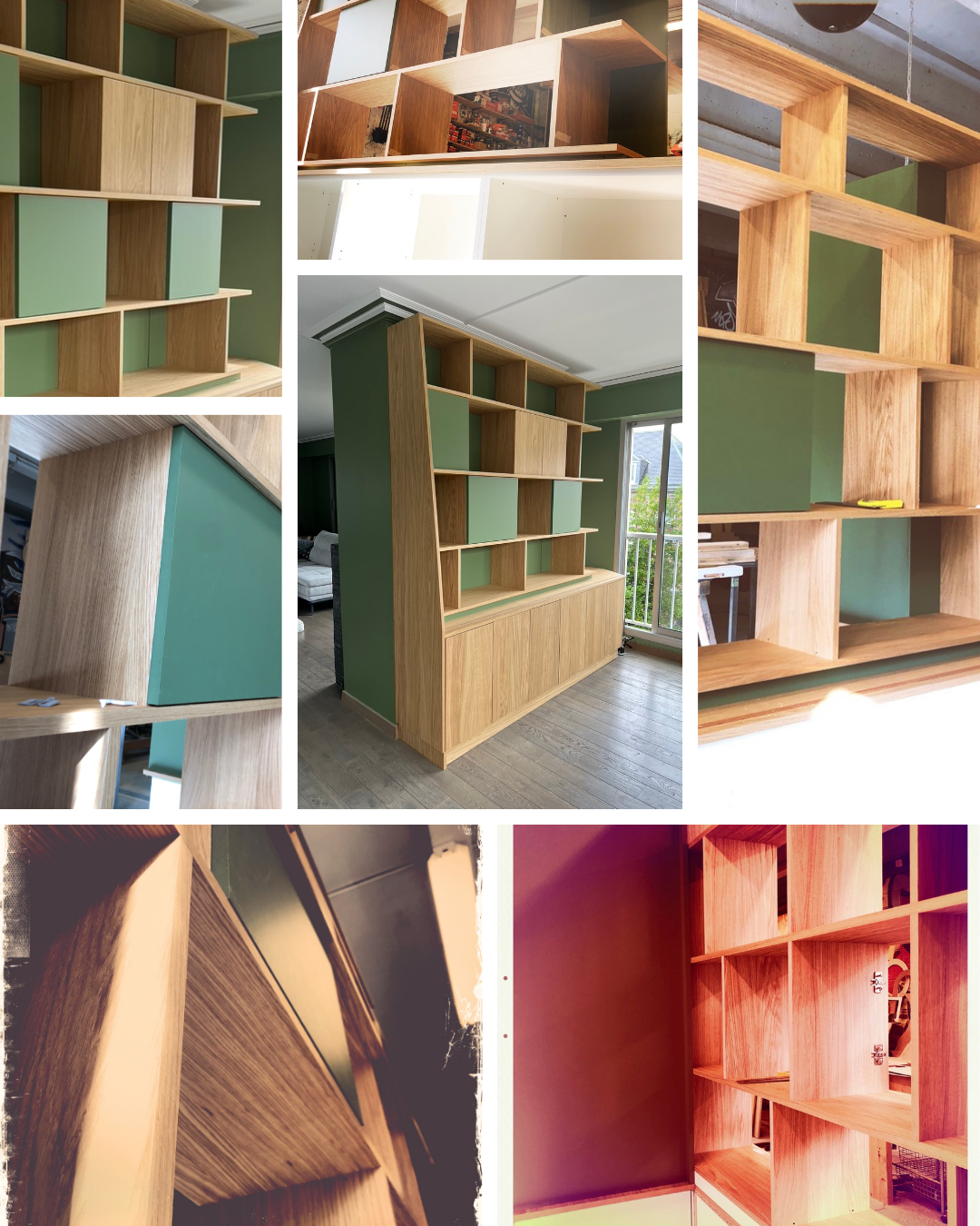Bibliothèque & Cheminée chêne vert sauge