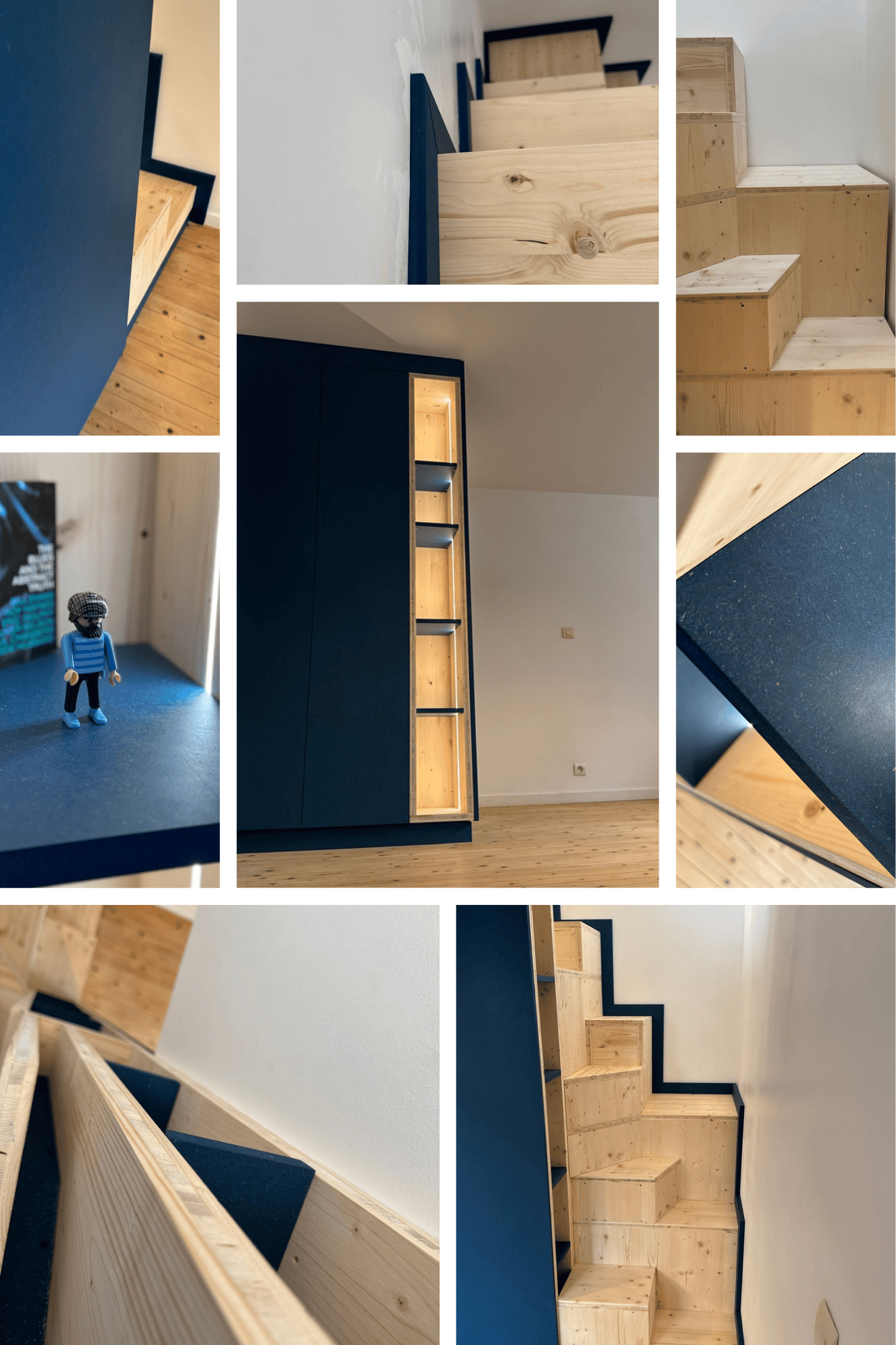 Escalier quart tournant rangements intégrés sur mesure Rouen Paris — Atelier EGEA