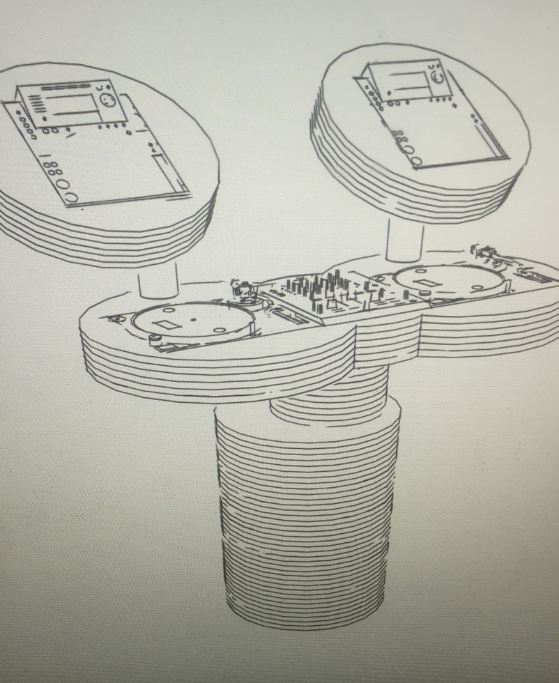 Dessin numérique éclaté — structure du booth avec base, plateau et coupoles