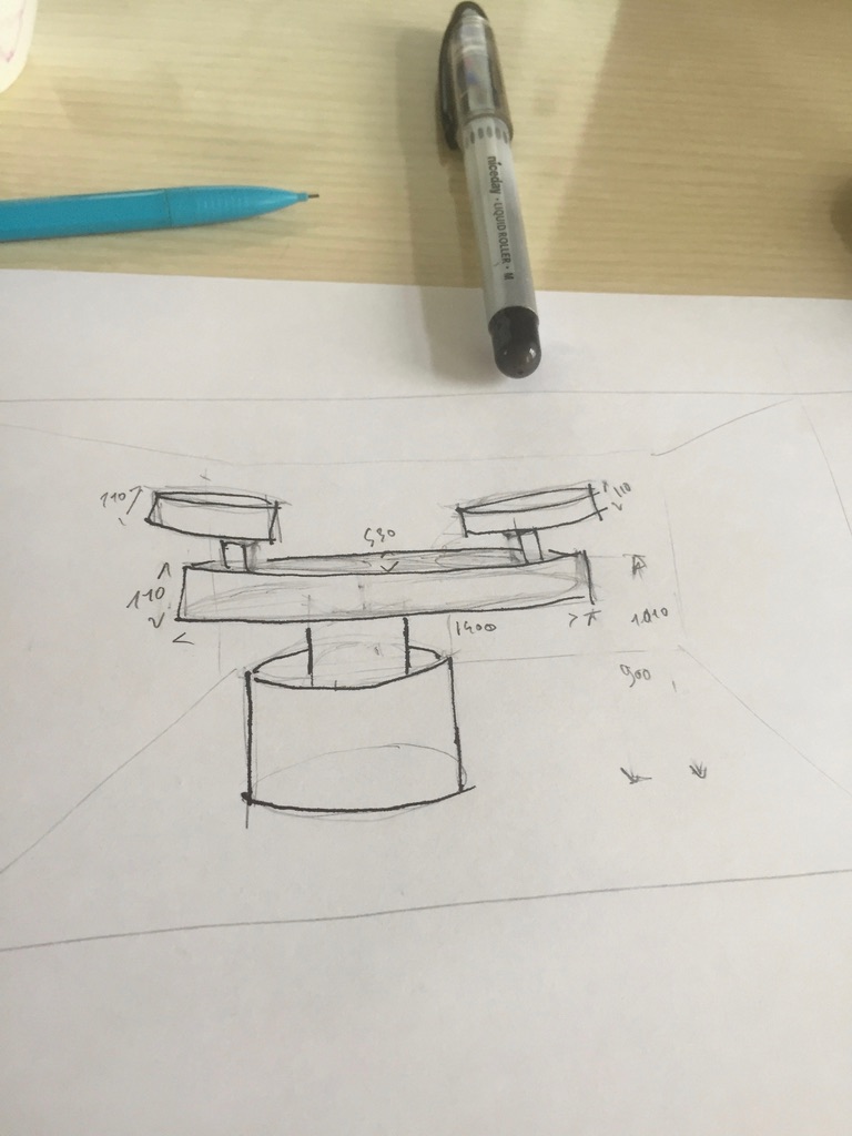 Croquis papier avec cotes — premières dimensions du DJ booth