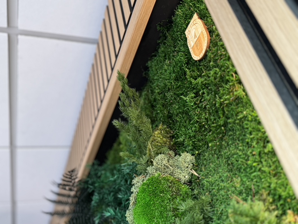 Gros plan sur le cadre végétal et le lattage chêne — collaboration Faubourg des Plantes et Atelier EGEA